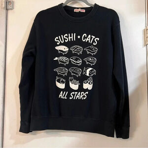 Rustic Charm Japanese Crew Neck Sweater Black Novelty Print Sushi Funny Food Cat